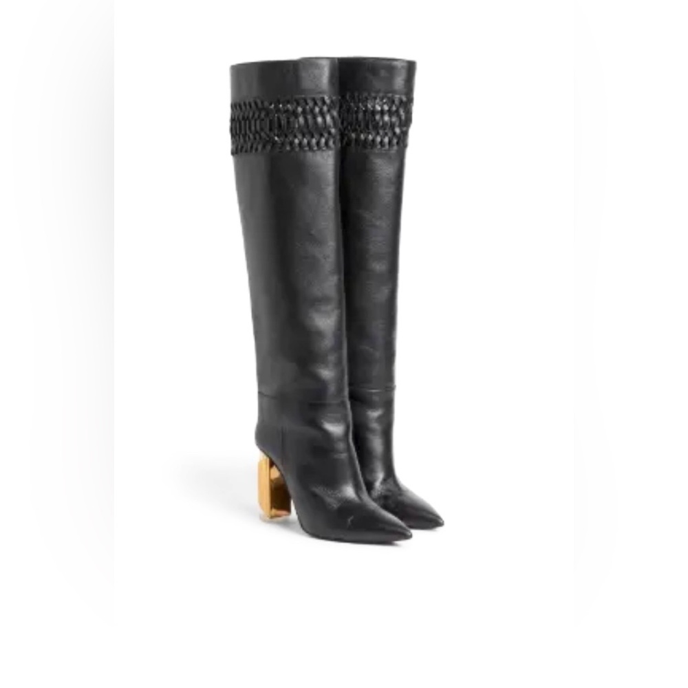 NWOT RARE Roberto Cavalli Black Leather Over The Knee Boots with GOLD CLEAR Heel